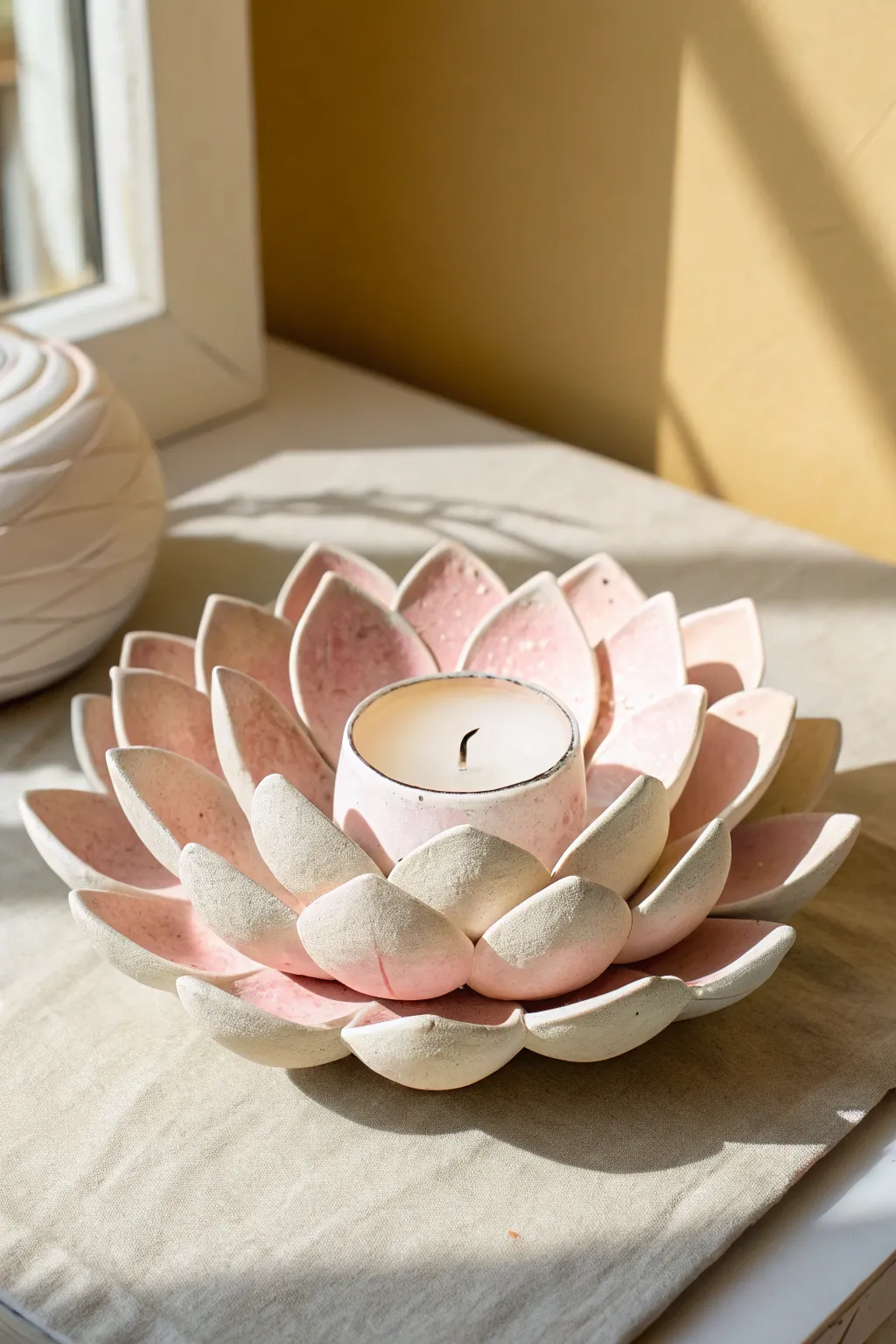 Lotus petal clay tea light holder in soft matte white for a calm, spa-like glow at home