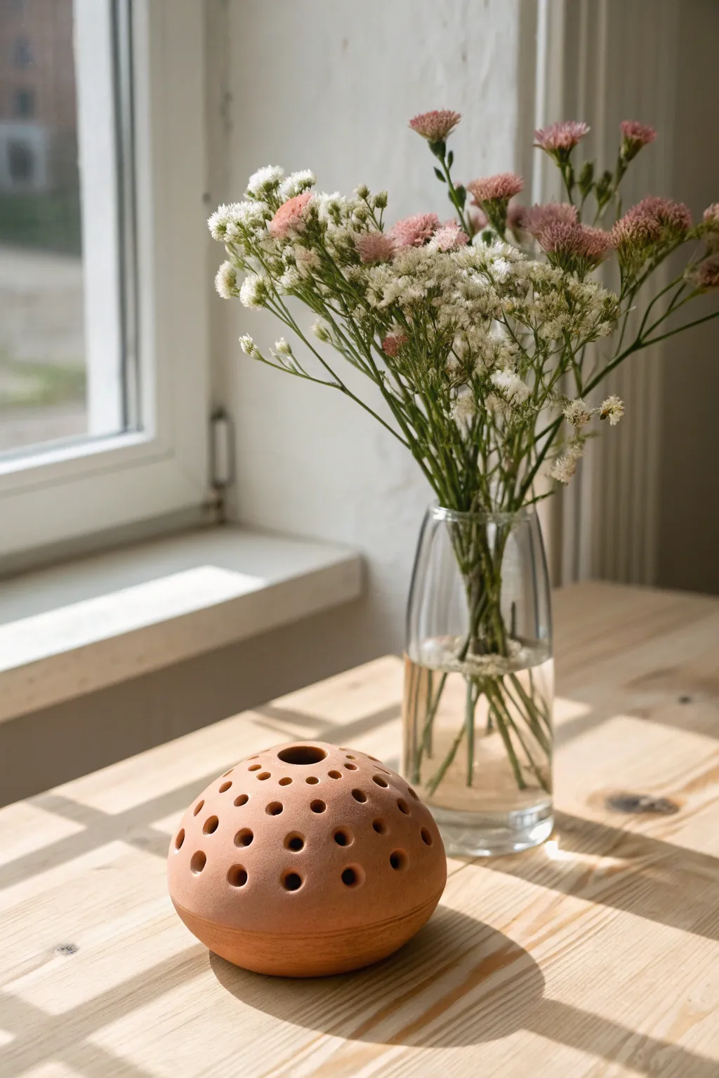 Minimal clay flower frog atop glass vase, keeping short blooms perfectly arranged.