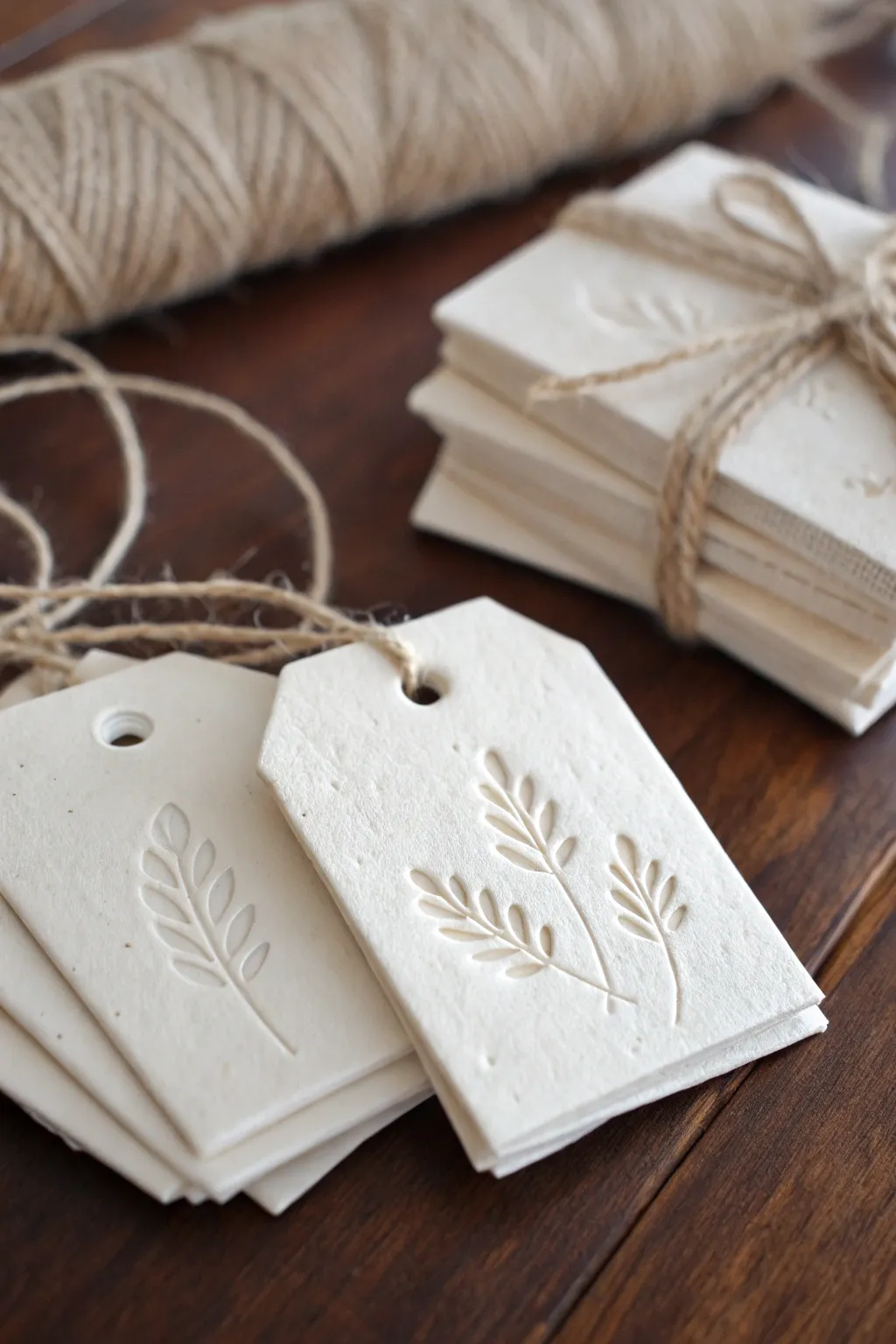 Minimal clay gift tags with twine holes, styled beside a wrapped parcel for lasting charm