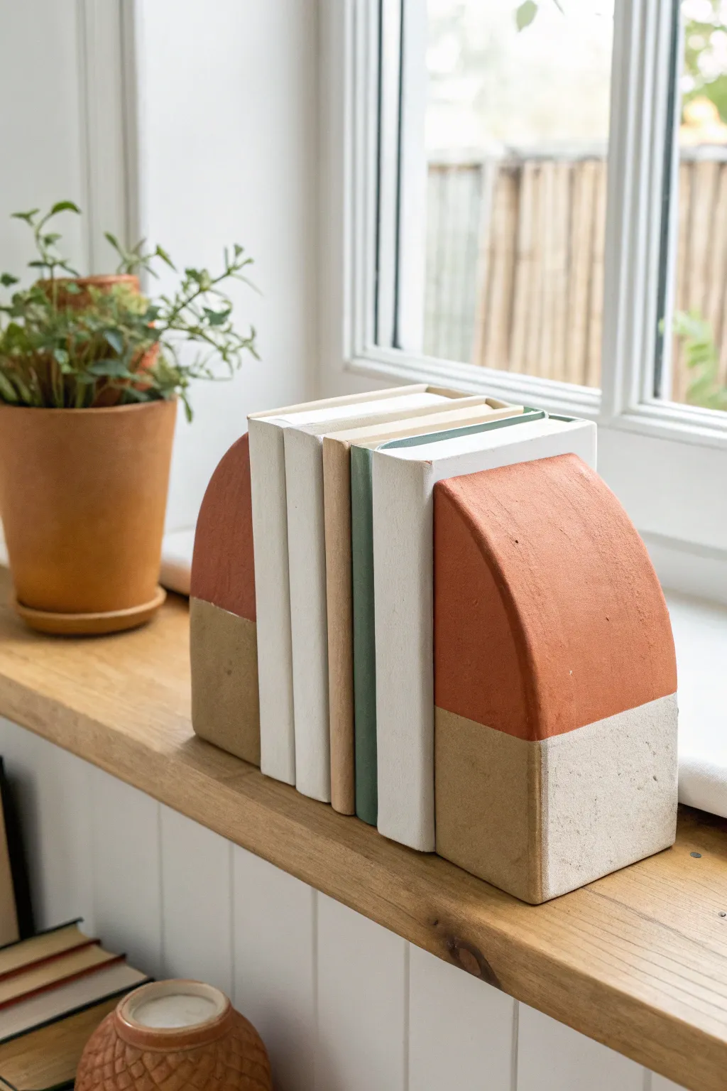 Chunky color-blocked DIY clay bookends that add a bold, minimalist pop to your shelf.