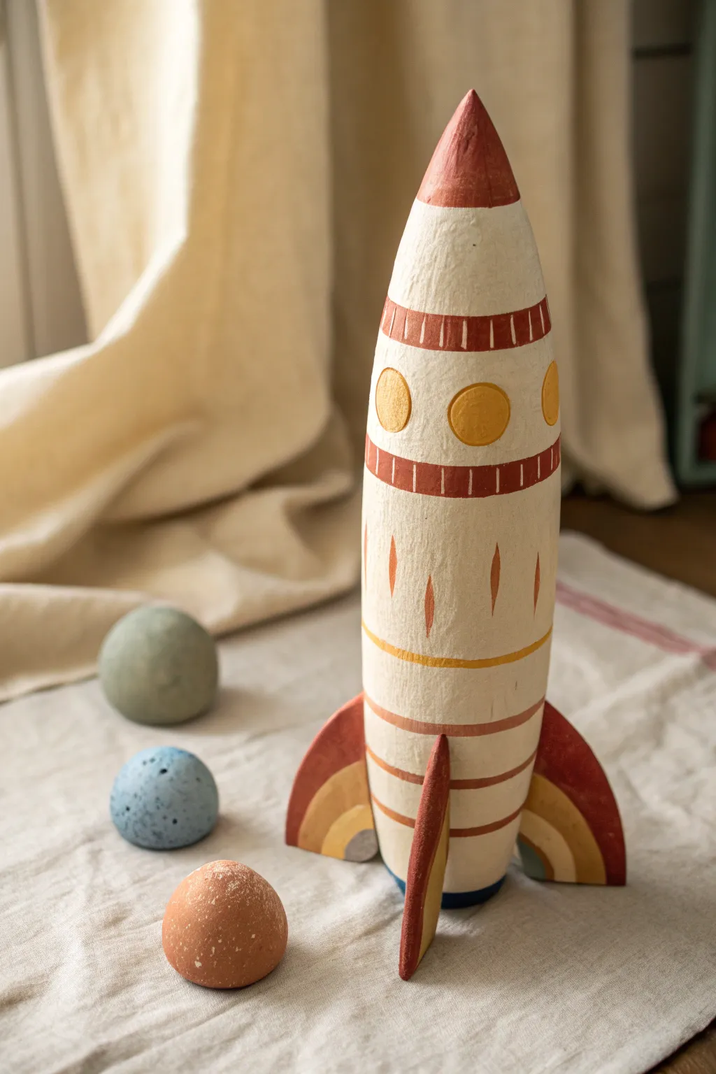 Make-believe launch ready: a simple striped clay rocket with tiny planets for kid-friendly DIY fun.