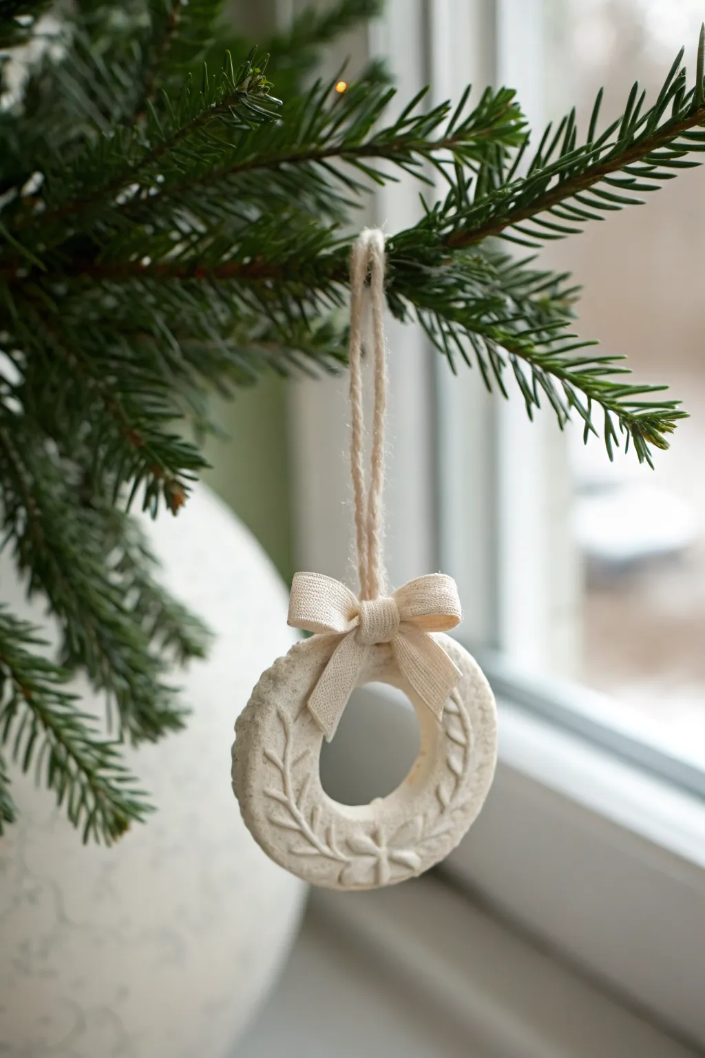 Mini clay wreath ornament with pressed texture and a tiny bow, simple Scandinavian-boho holiday decor.