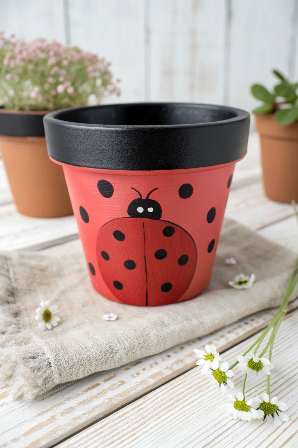 Sweet ladybug terracotta pot with sunny garden blooms, minimalist boho DIY inspiration