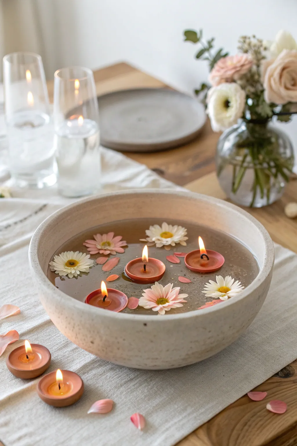 Serene water bowl centerpiece with floating diyas and petals for a warm, minimalist glow