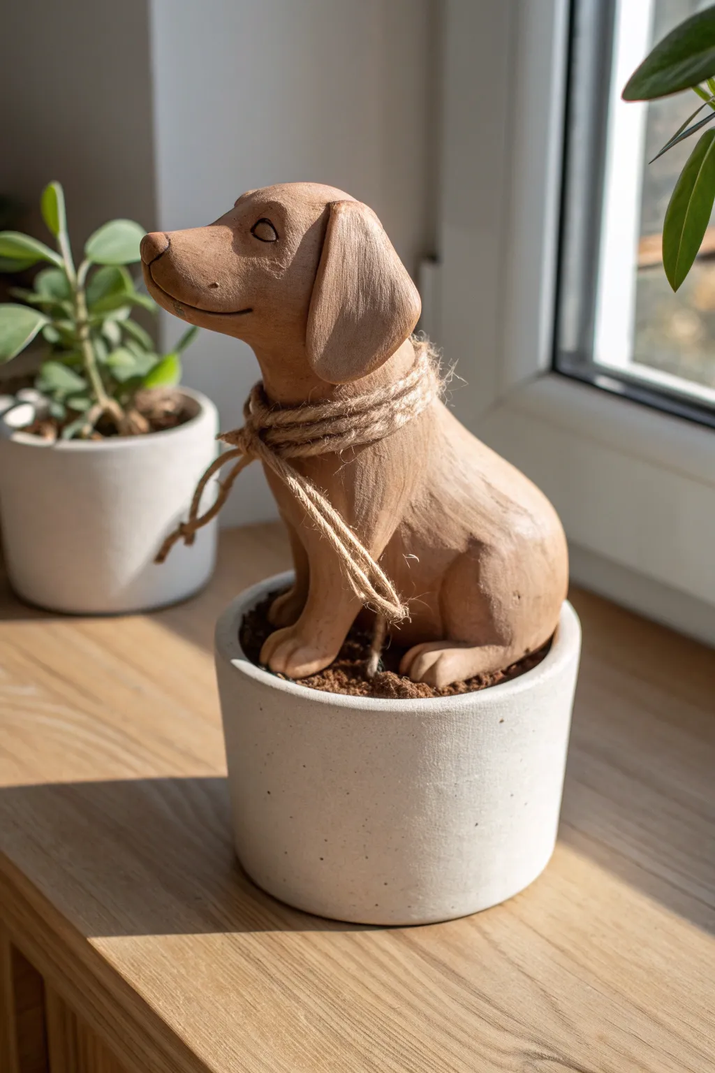 Sweet clay dog hugging a mini planter rim, minimalist and cozy with soft Scandinavian vibes.