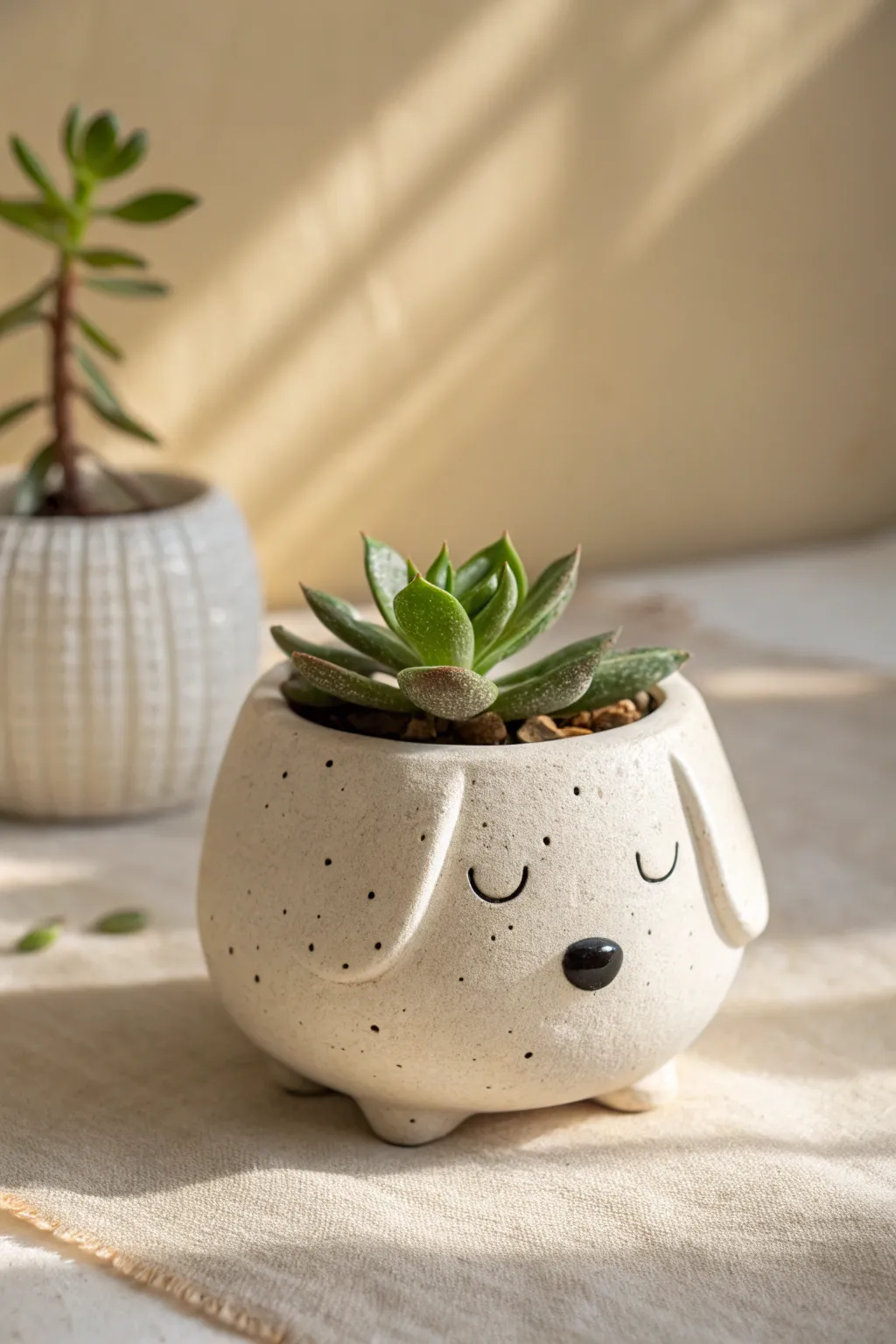Minimal modern dog pinch pot planter with a matte finish and a tiny succulent for calm decor.