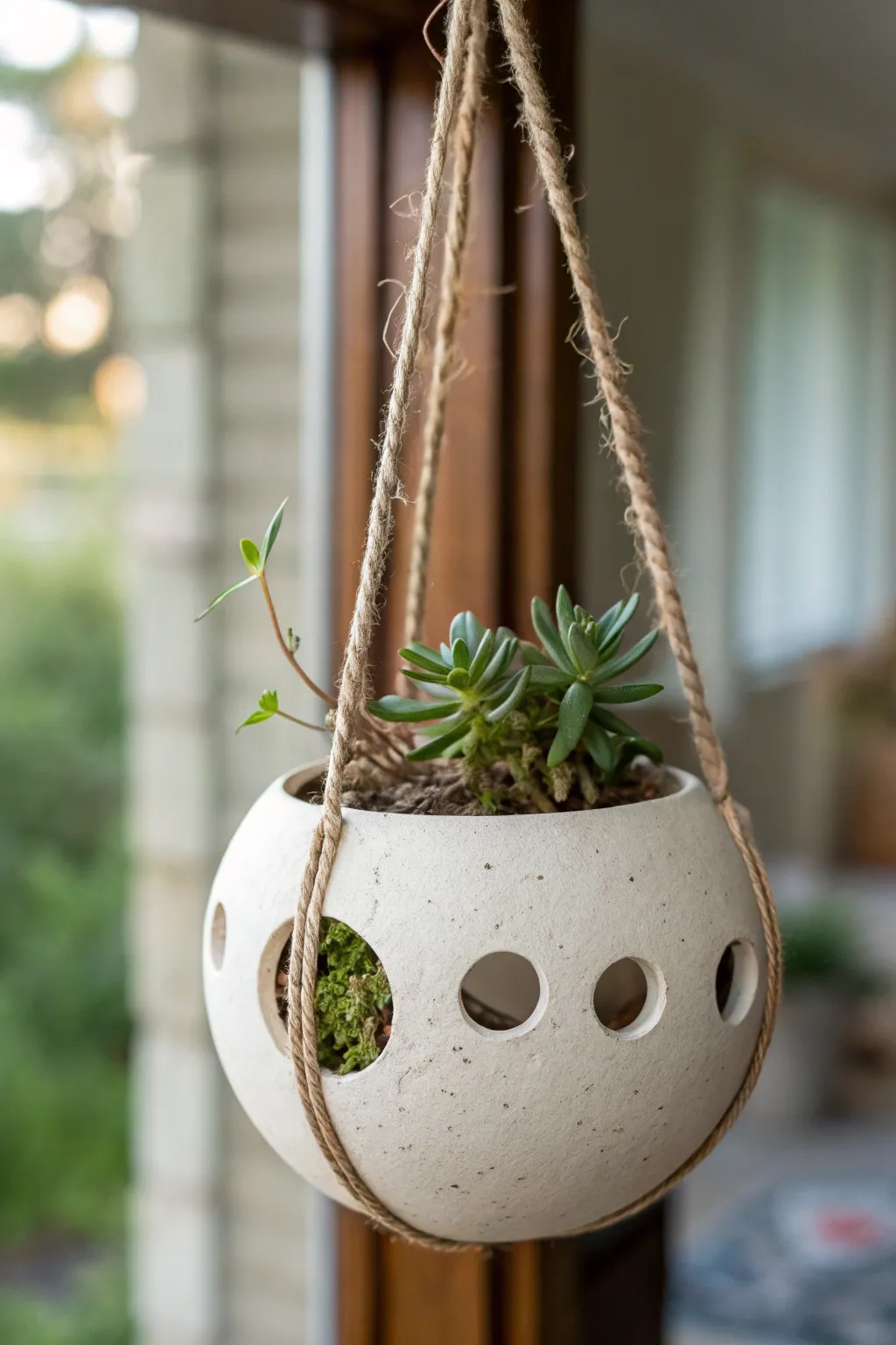 Minimal hanging orb planter with soft cutout windows and a peek of greenery for calm boho warmth