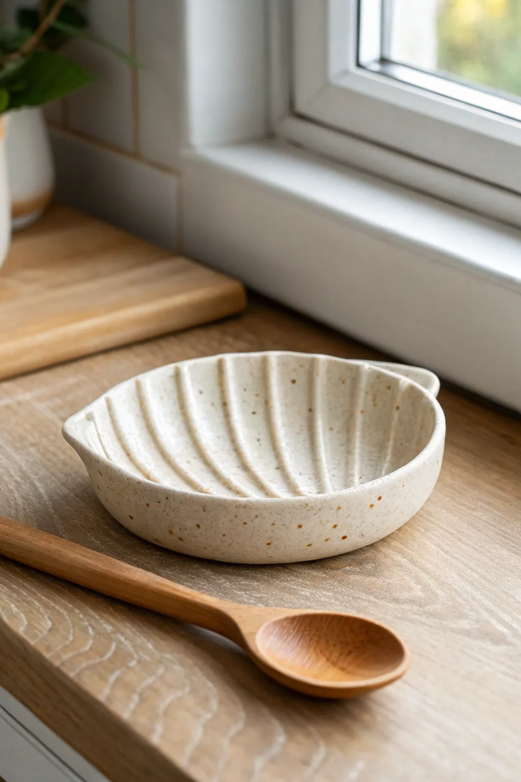 Minimal saddle-shaped ceramic spoon rest, softly ridged and serene on a light oak counter