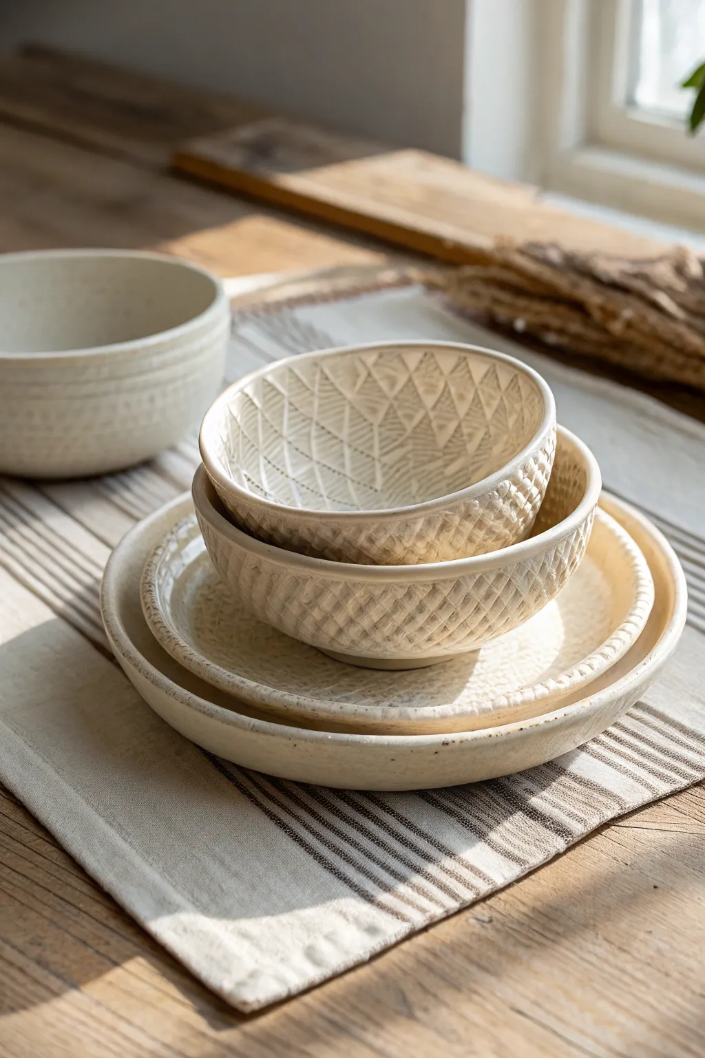 Nested drape-mold dishes in one glaze, showing mesh, weave, and ridge textures side by side.