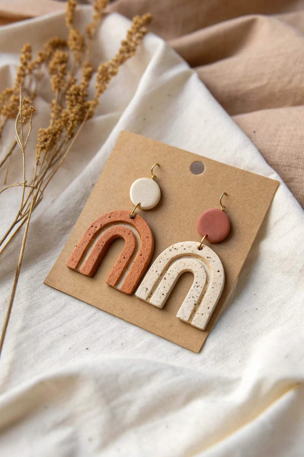 Minimalist air-dry clay statement earrings in muted tones, styled on linen for a calm boho look.