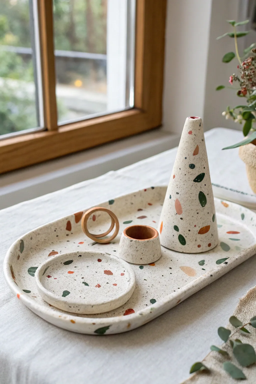 Faux terrazzo air-dry clay trinket set in soft neutrals, minimal boho giftable styling