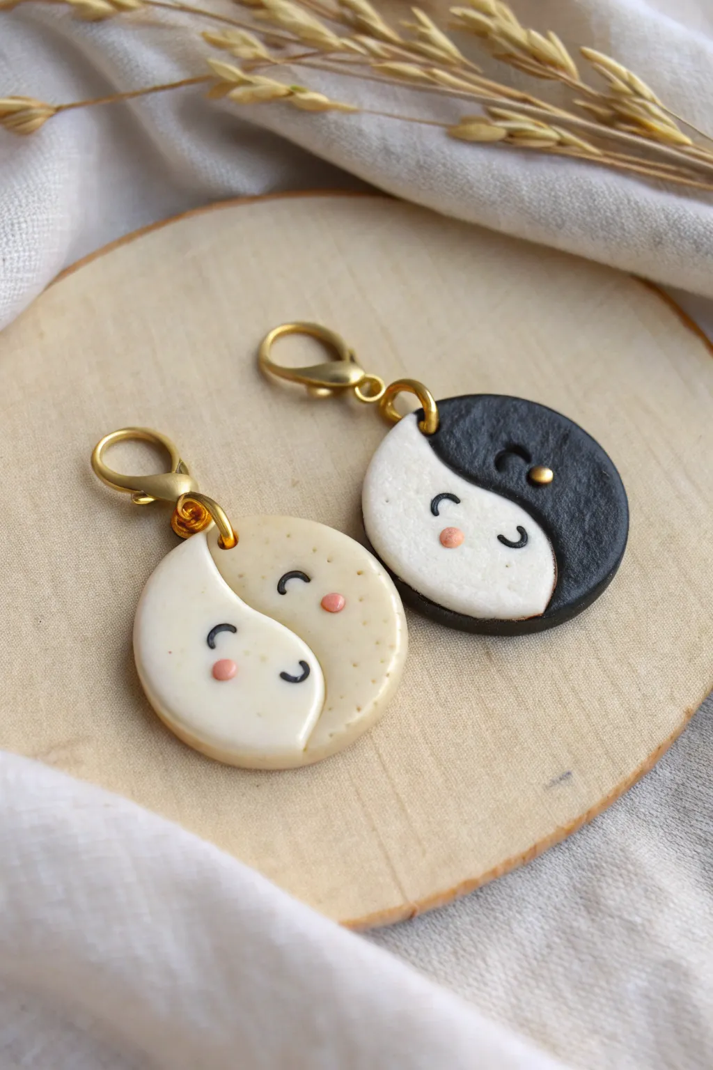 Sweet yin-yang clay charm duo in soft neutrals, minimalist boho style with handmade texture.