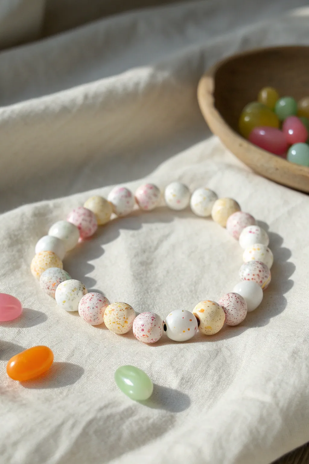 Confetti-speckled sprinkle egg clay bead bracelet with soft pastels and jellybean accents.
