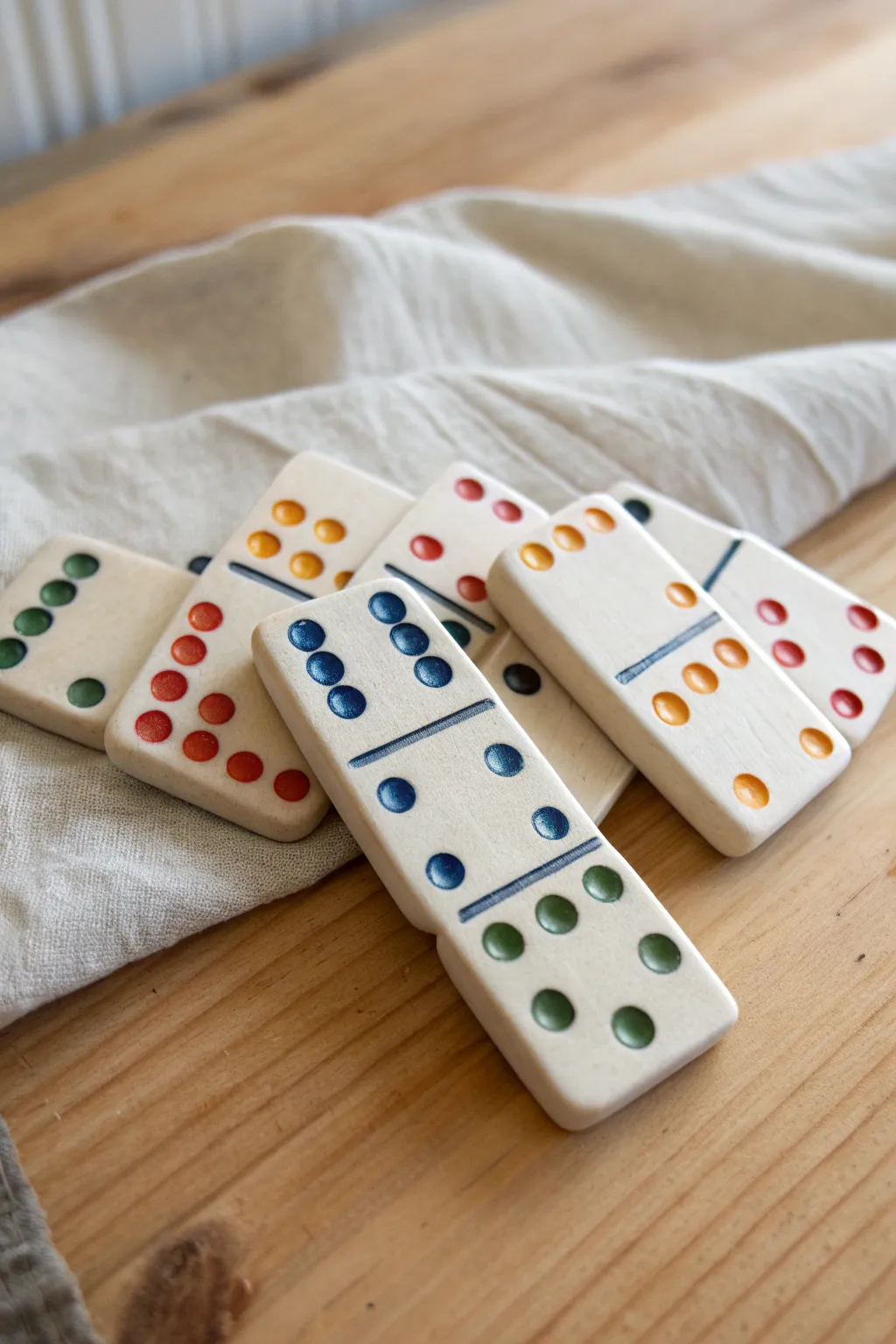 Kid-made air-dry clay domino tiles with bold painted dots, neatly lined up and ready to play