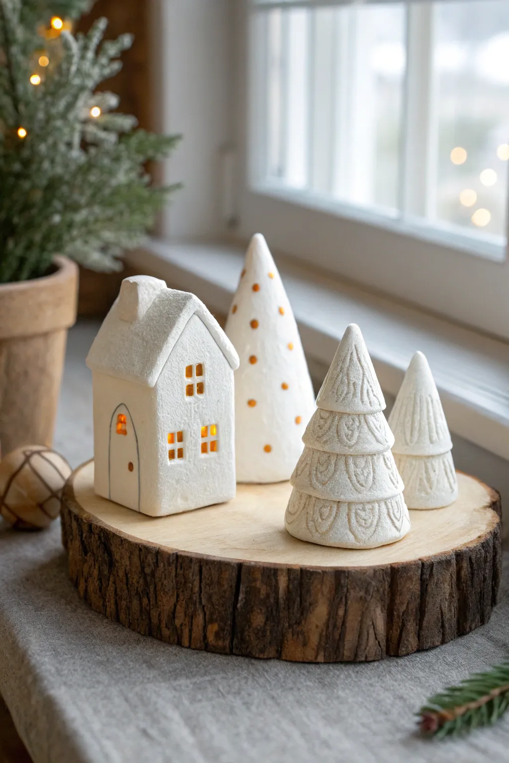 Mini air dry clay winter village shelf set in snowy whites with cozy warm window dots