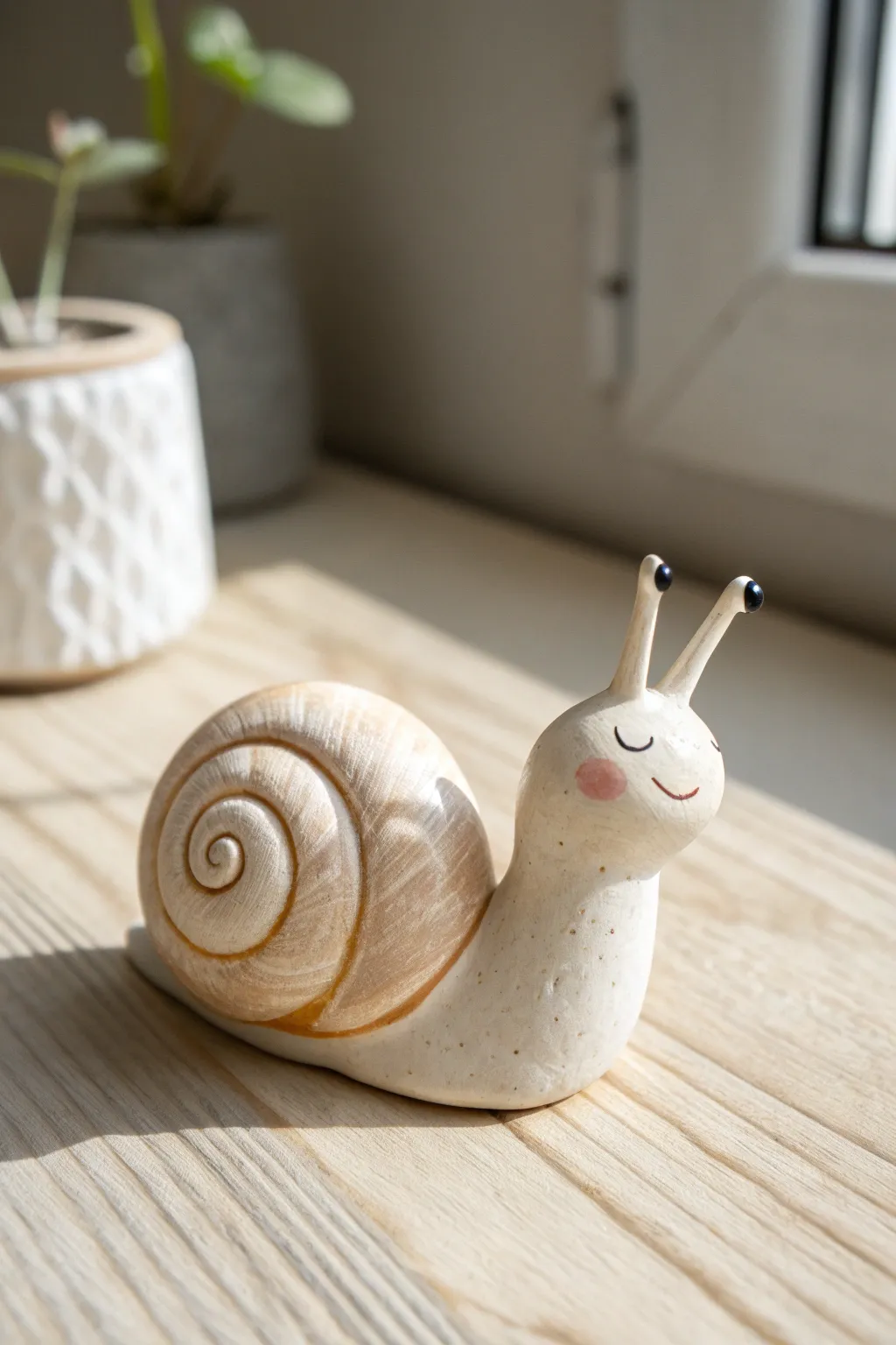 Spiral-shell snail buddy in soft neutrals—minimal, cute, and easy to recreate with air dry clay.