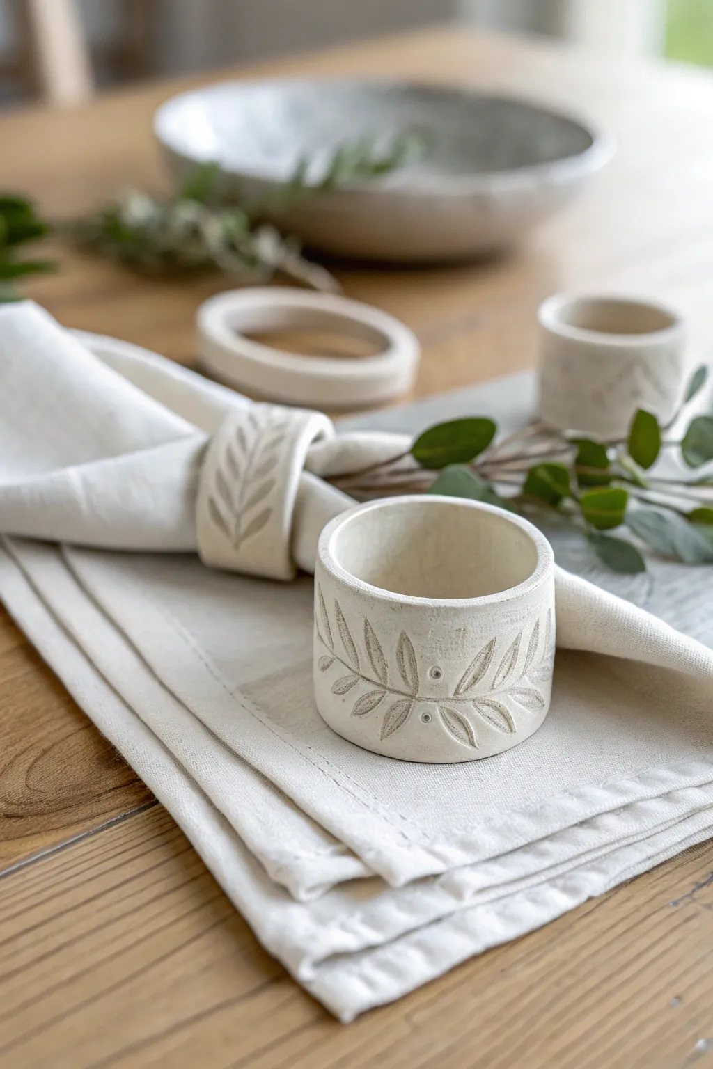 DIY air dry clay napkin rings with stamped texture for a simple Scandinavian table setting