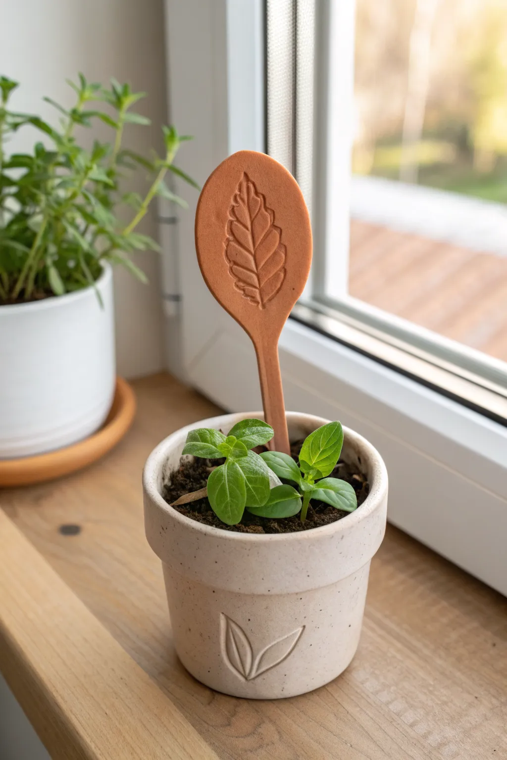 Simple baked clay plant marker stake in a herb pot, minimal Scandinavian windowsill styling