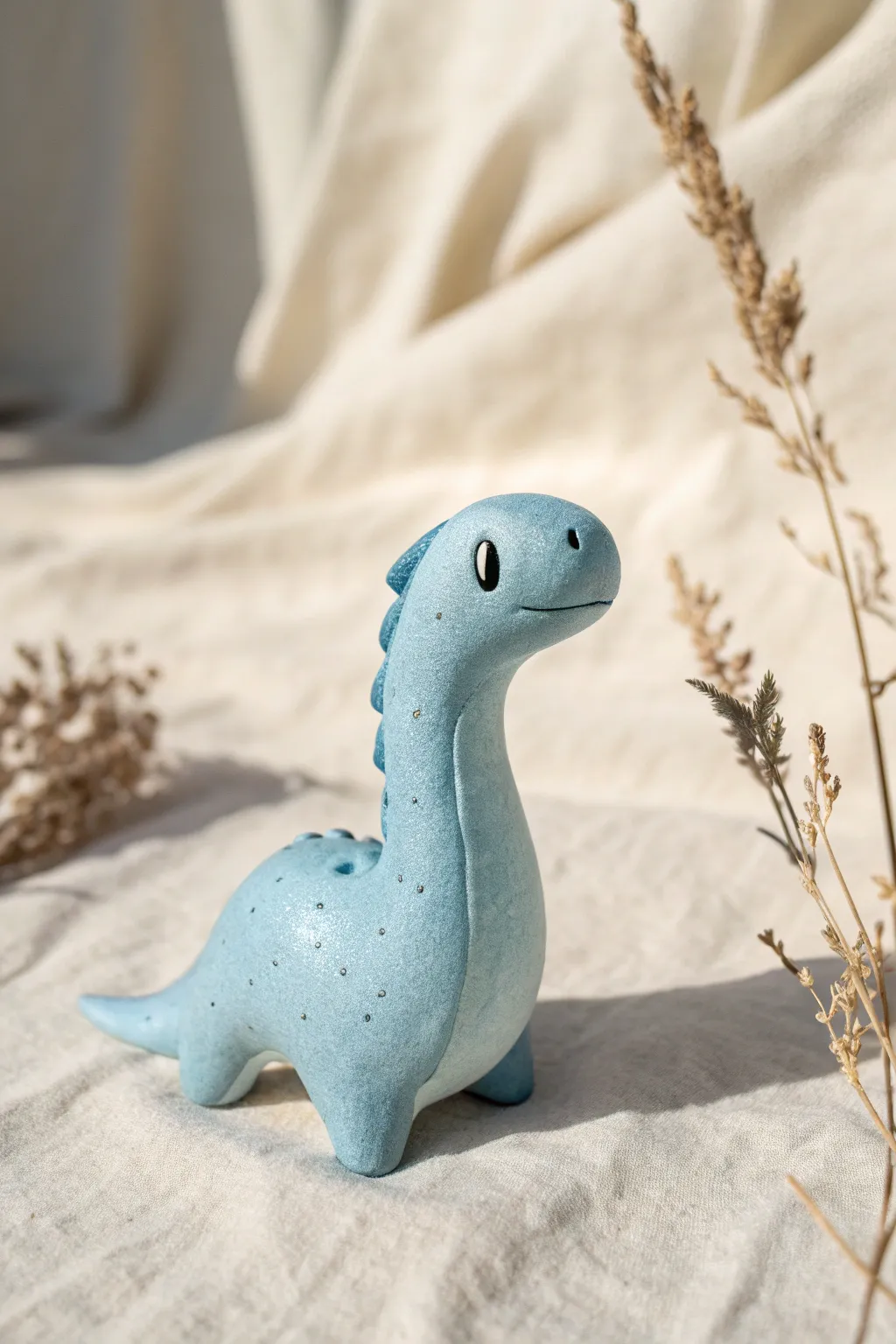 A sweet blue clay lake monster with a curved neck, minimal styling, and cozy handmade charm.