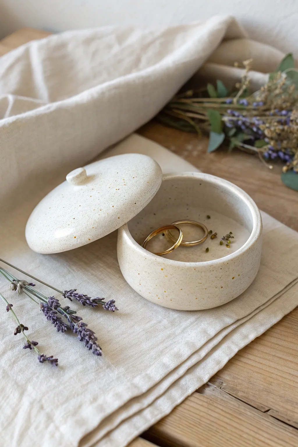 Minimal lidded clay trinket box, slightly ajar, ready to hold your tiny treasures.