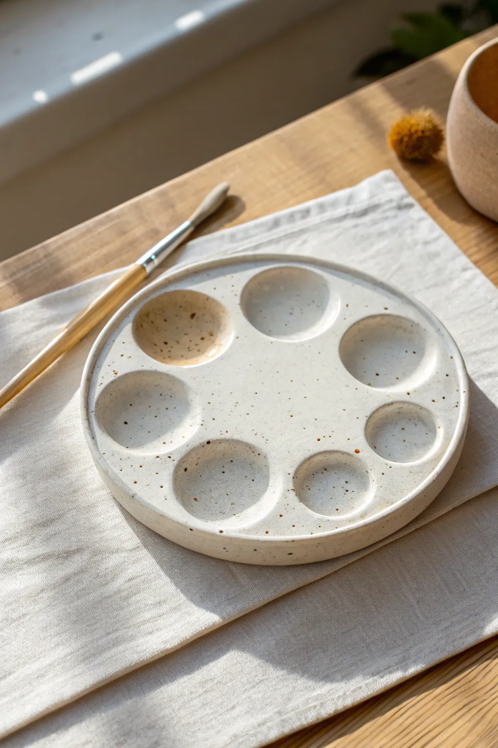 Minimal handmade ceramic paint palette with little wells and a brush rest in soft daylight