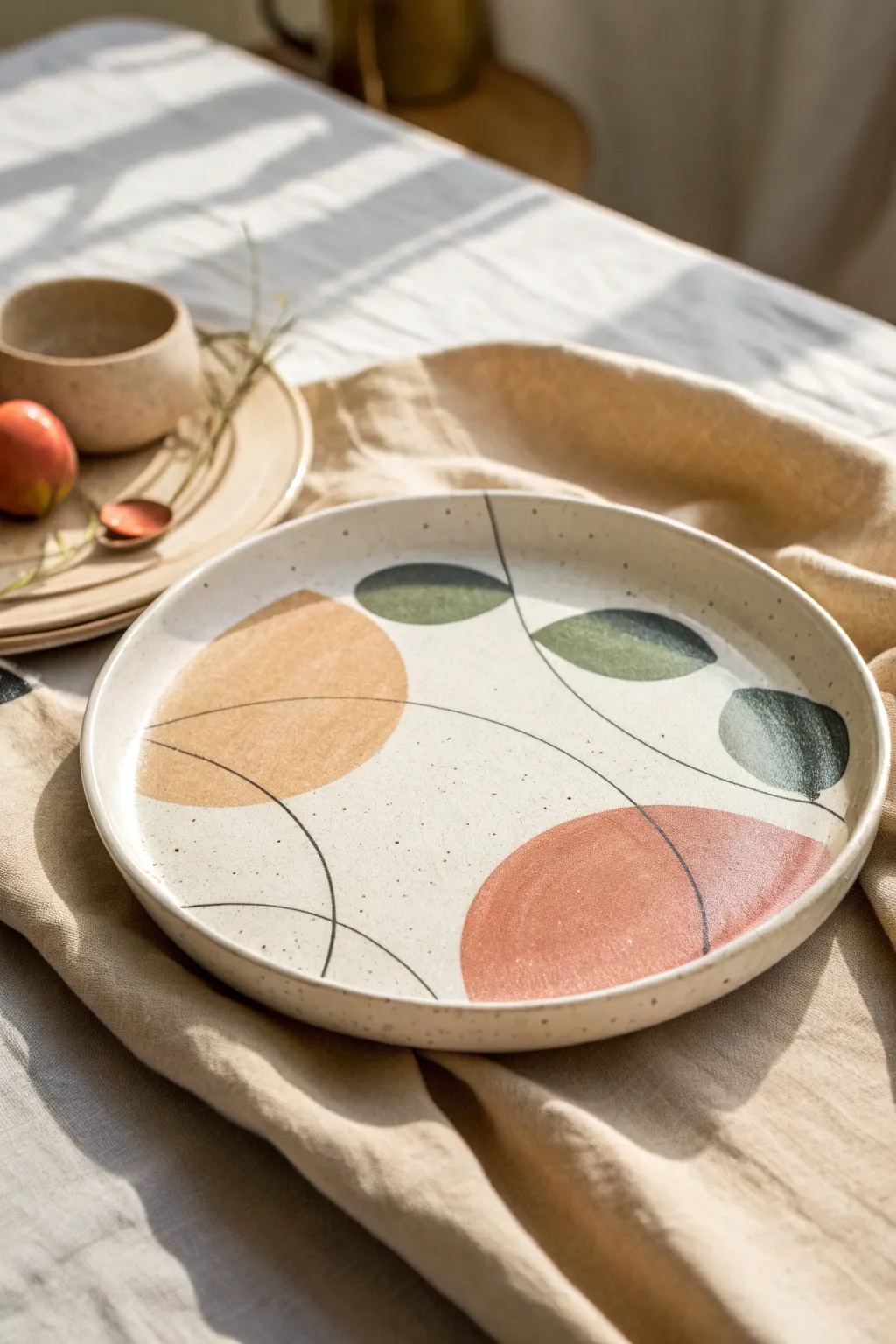 Modern abstract blob plate painting in muted tones with crisp outlines for an easy chic finish