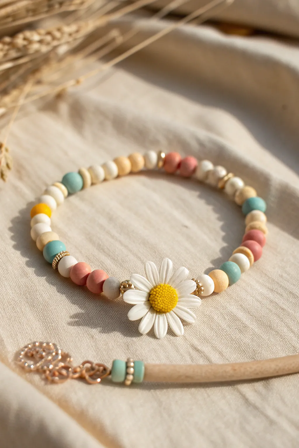 Sunny daisy focal bead bracelet with colorful clay heishi beads for an easy, cheerful DIY look