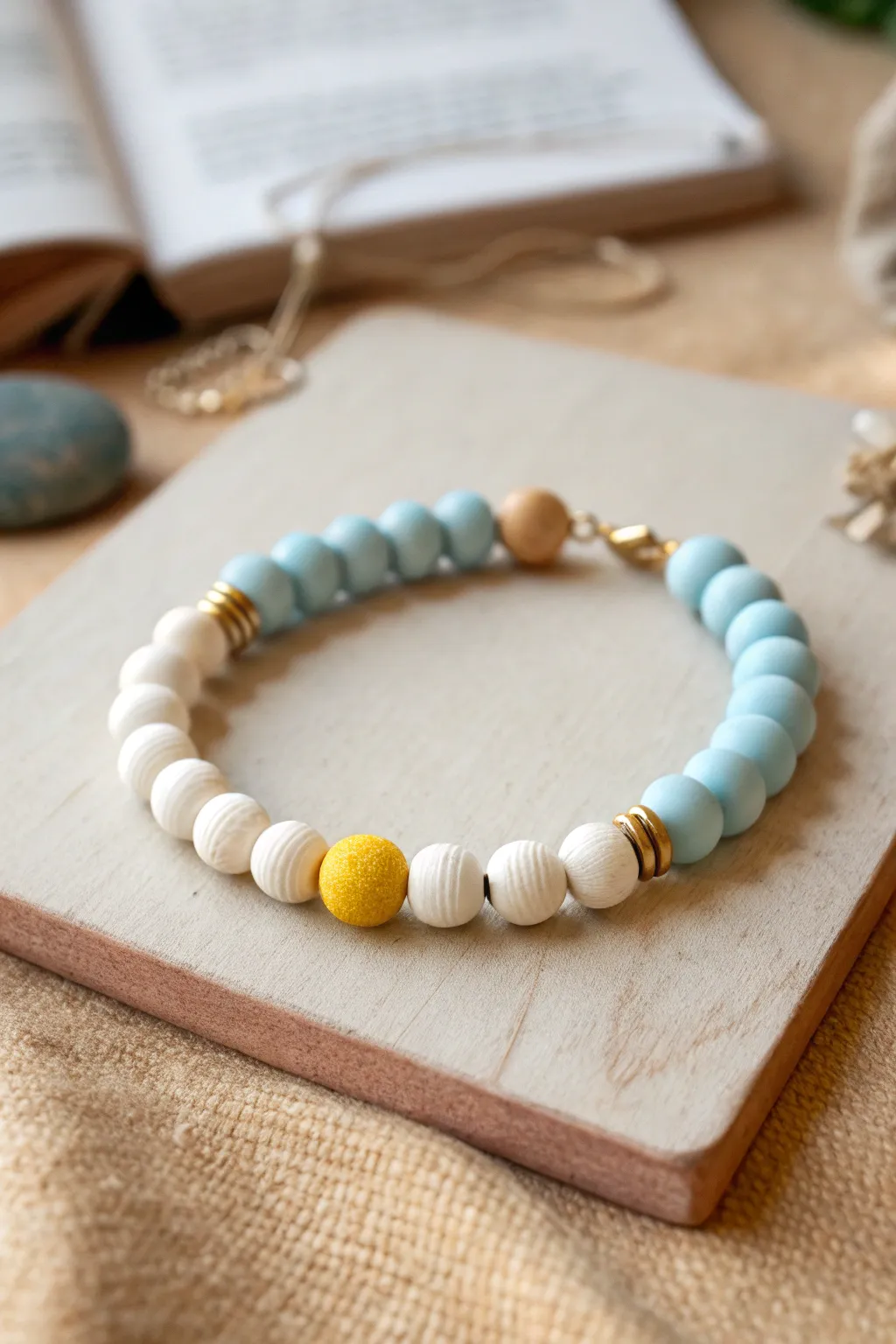 Notebook-inspired clay bead bracelet in crisp blue, white, and sunny yellow, clean flat lay.