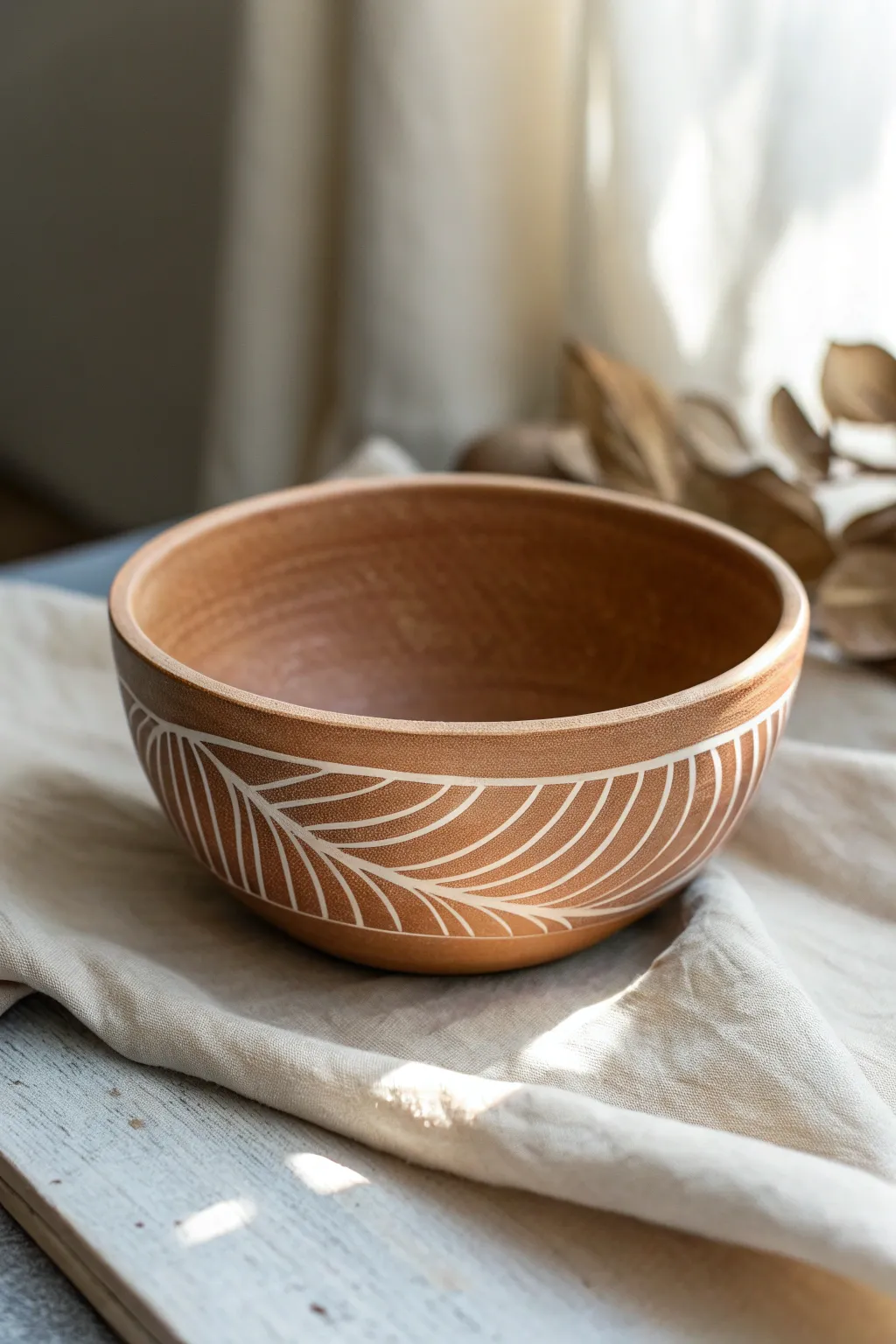 Matte sgraffito line bowl with easy carved stripes, soft neutrals, and crisp contrast
