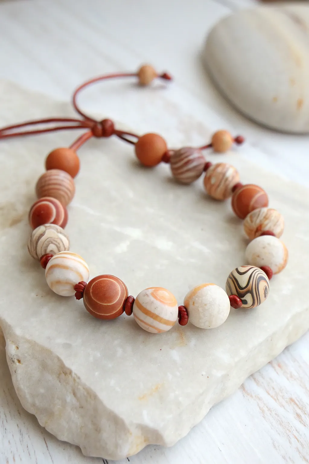 Marbled polymer clay bead bracelet on pale stone, minimalist boho look with soft natural light.