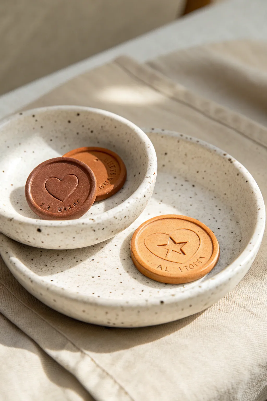Mini memory date tokens: two handmade clay coins in a tiny dish, simple and sweet.