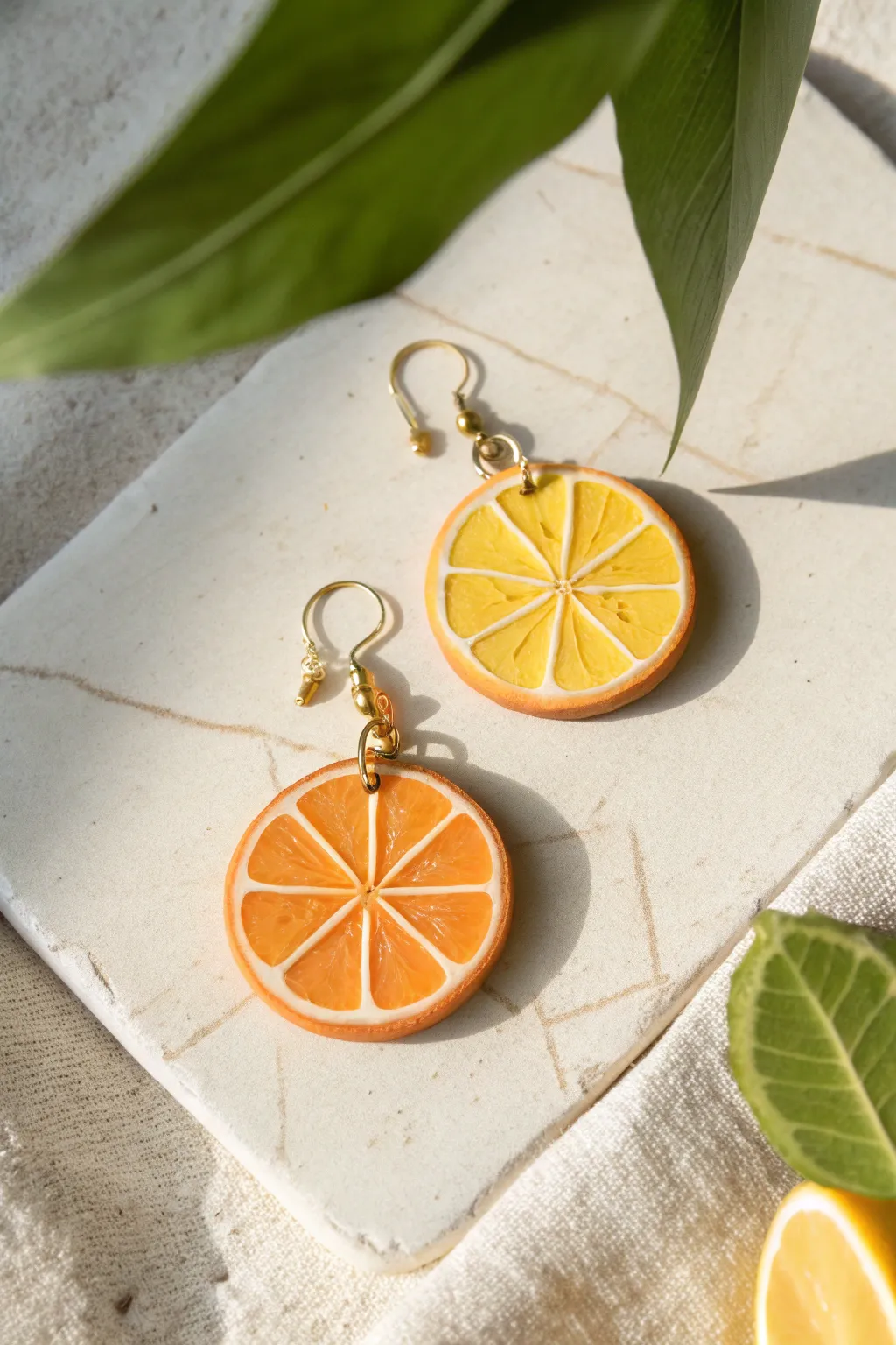 Sunny citrus slice dangle earrings in minimal Scandinavian styling for easy DIY clay inspo.