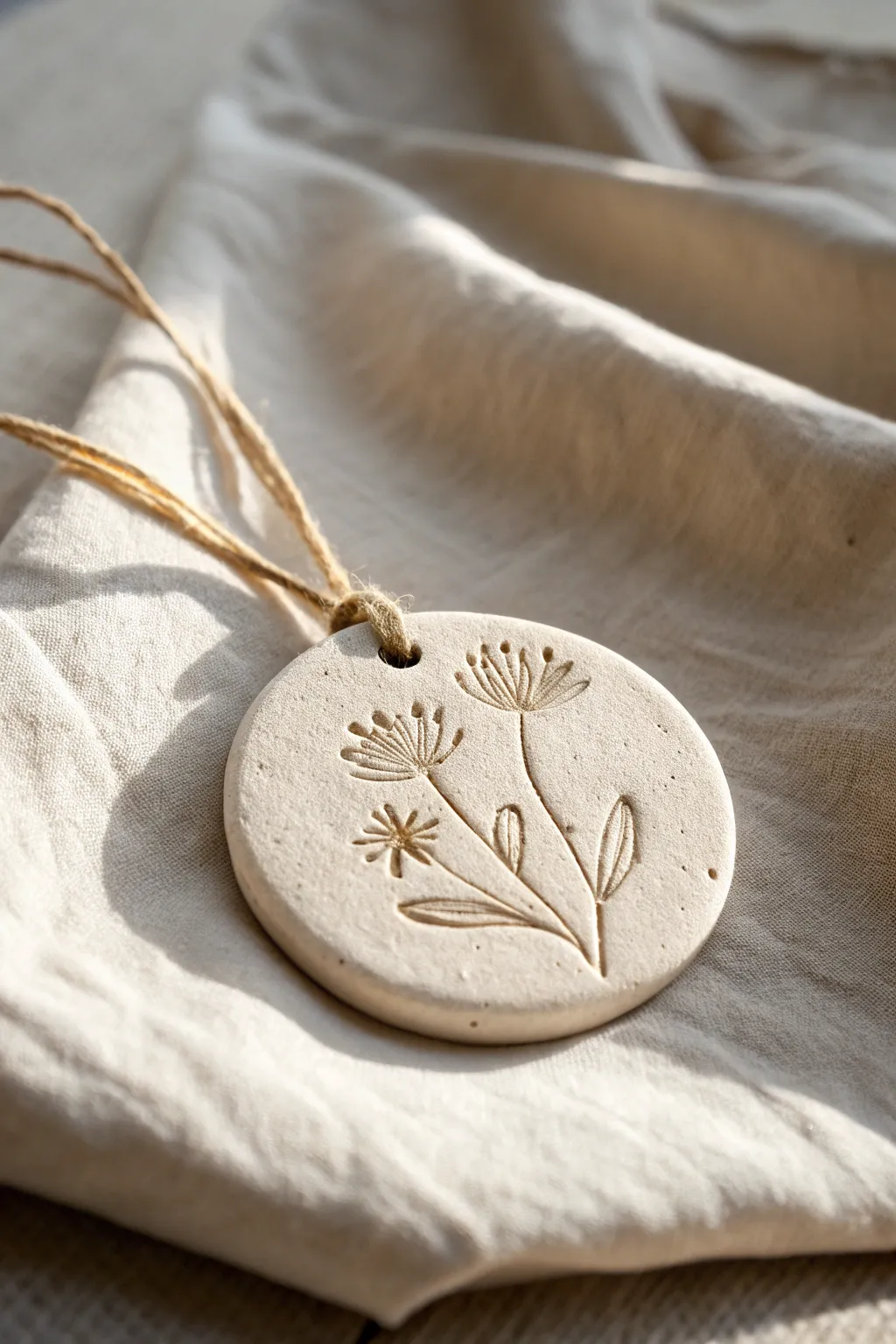 Minimal air-dry clay ornament with a pressed flower keepsake, softly sealed and ready to hang.