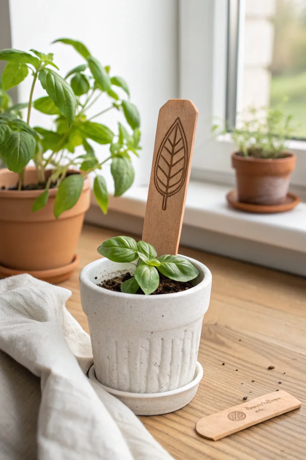 Handmade clay plant stake in a bright herb pot, minimalist and cozy, perfect for easy adult clay ideas