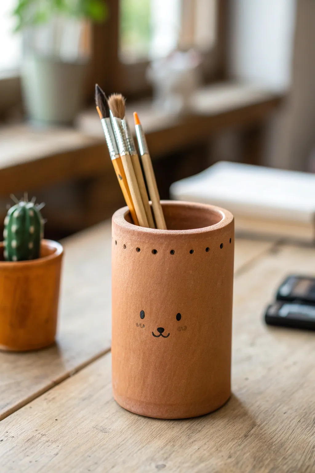 Cute clay pencil cup with tiny ears, a minimalist desk organizer for easy pottery inspo ideas