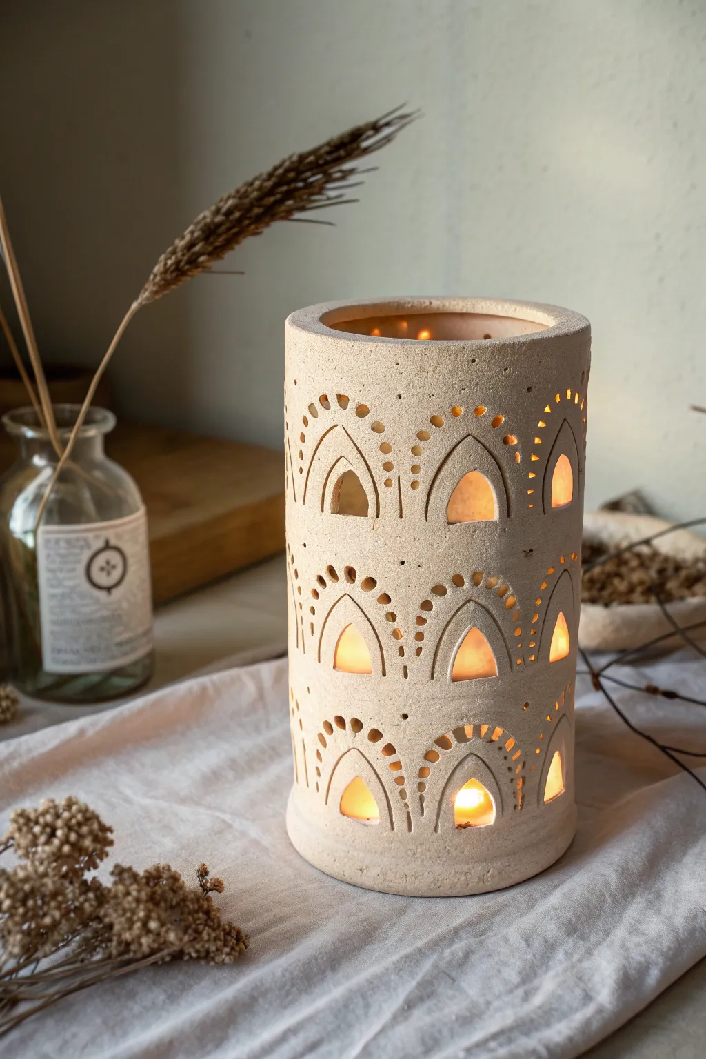 Double-layer clay cutout lantern glowing warmly, casting deep, dimensional shadows in a minimal setting