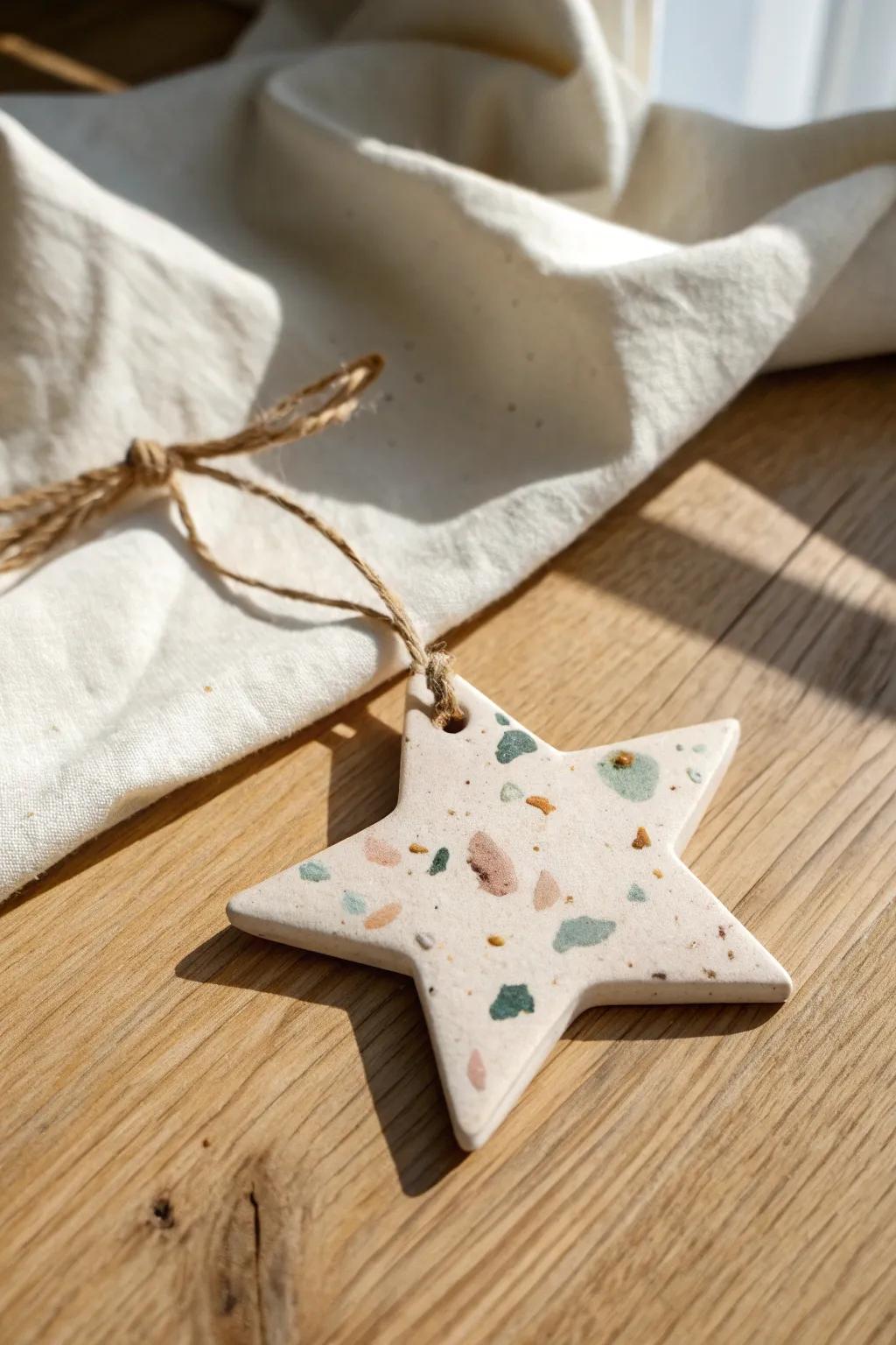 Terrazzo confetti clay star ornament in soft neutrals, minimalist-boho and easy for beginners.