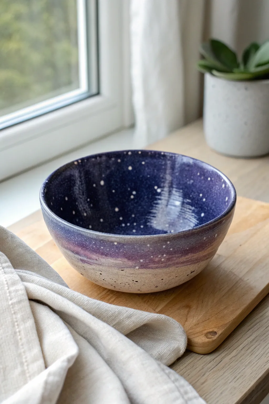 Night-sky galaxy wash bowl in deep blues and purples, simple stars, cozy minimal styling