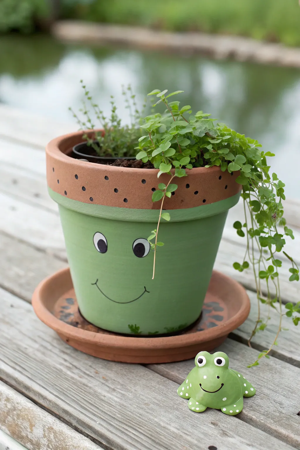 Easy DIY frog pot planter with saucer feet, minimalist and cute with fresh leafy greens