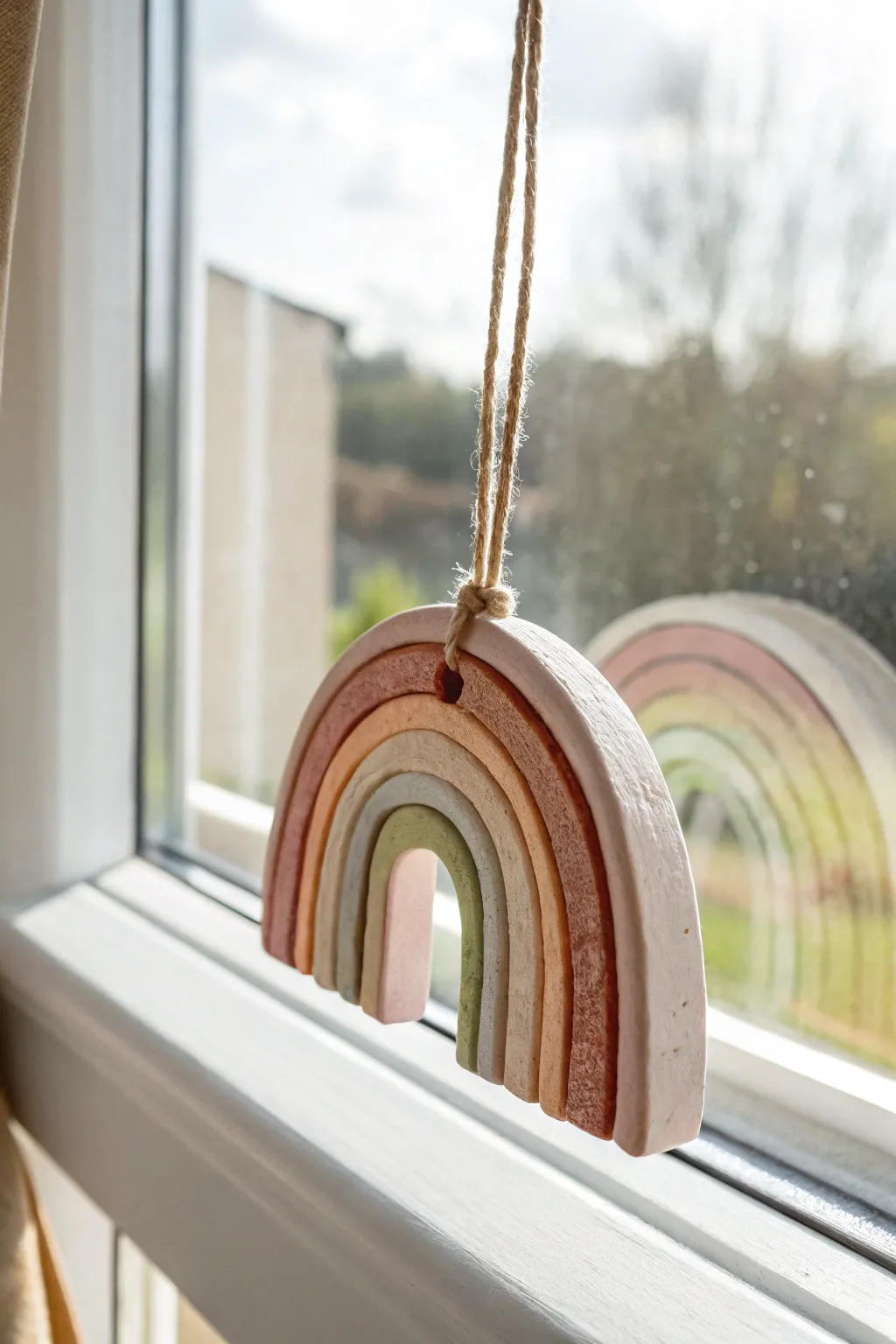 Minimal clay rainbow suncatcher glowing in soft window light, easy DIY with clean stripes.