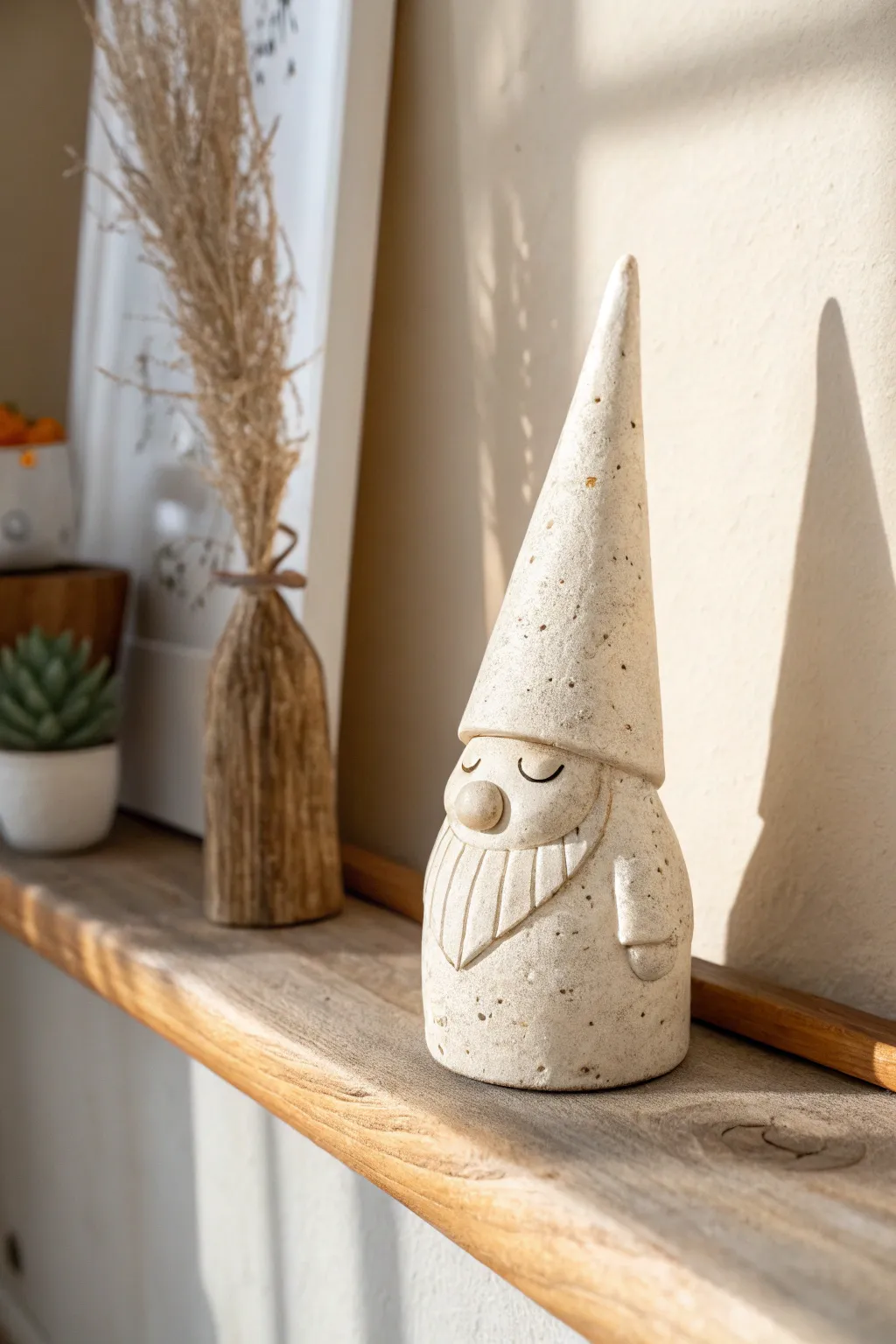 Sweet little clay gnome with cozy cone hat, minimalist shelf sitter in warm natural tones