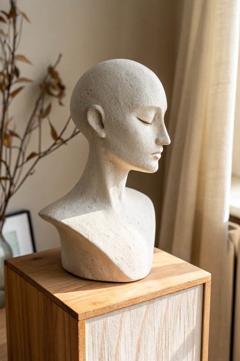 Minimalist faceless clay bust with smooth curves, a calming sculpture idea for high school art.
