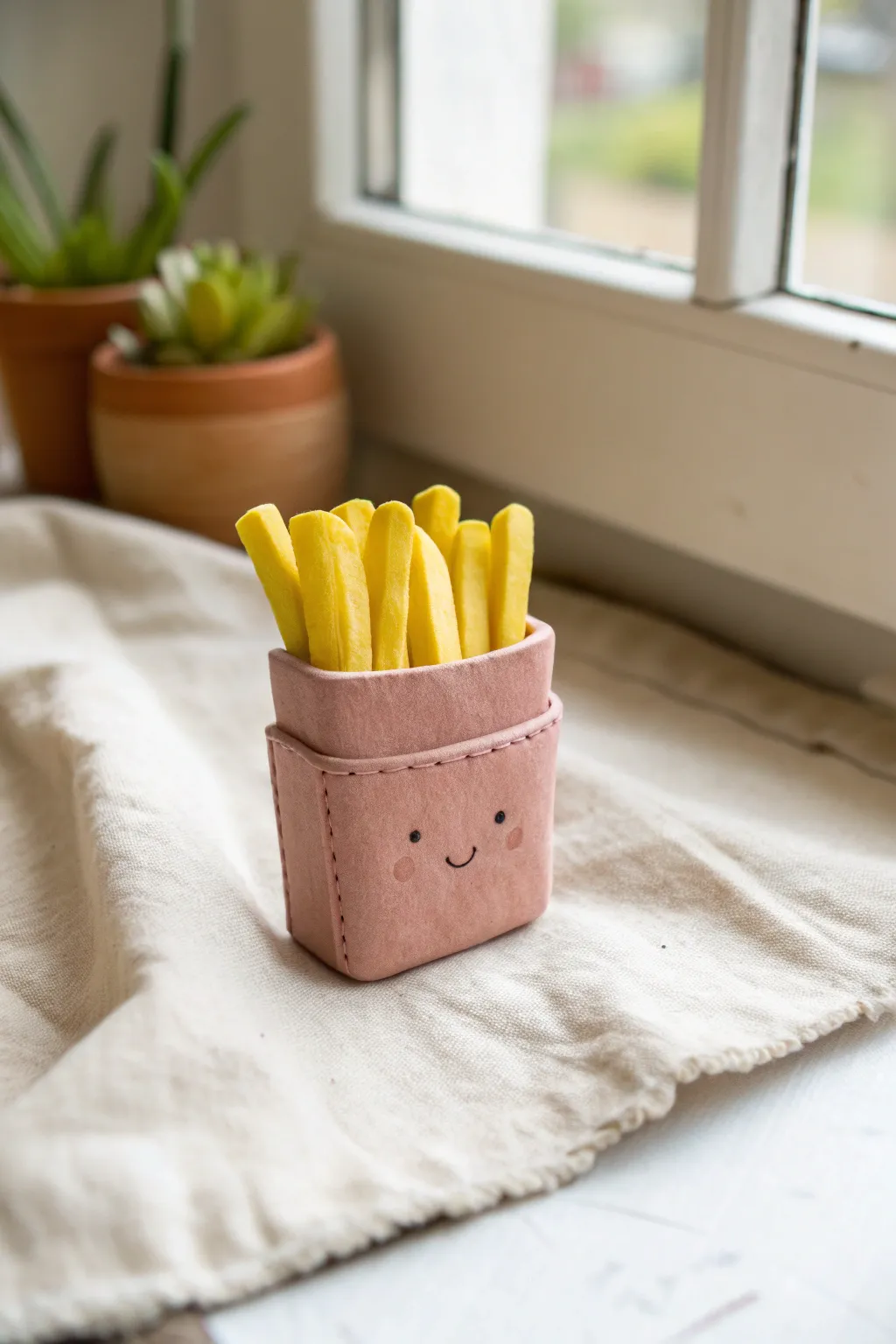 Adorable clay french fries in a tiny holder, a simple kid friendly sculpture with cozy minimal vibes.