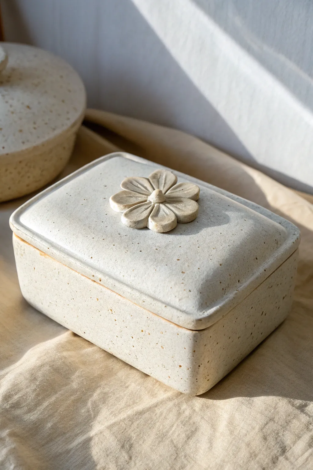 Super easy flower knob slab box in soft Scandinavian tones, handmade charm for your shelf.