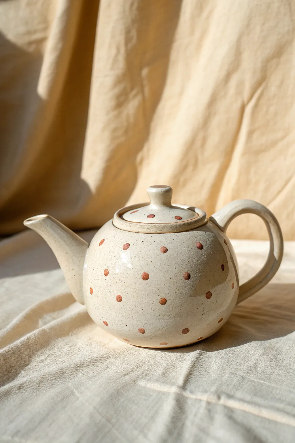 Playful polka dot teapot with raised appliqué spots, minimal styling and cozy Nordic calm.