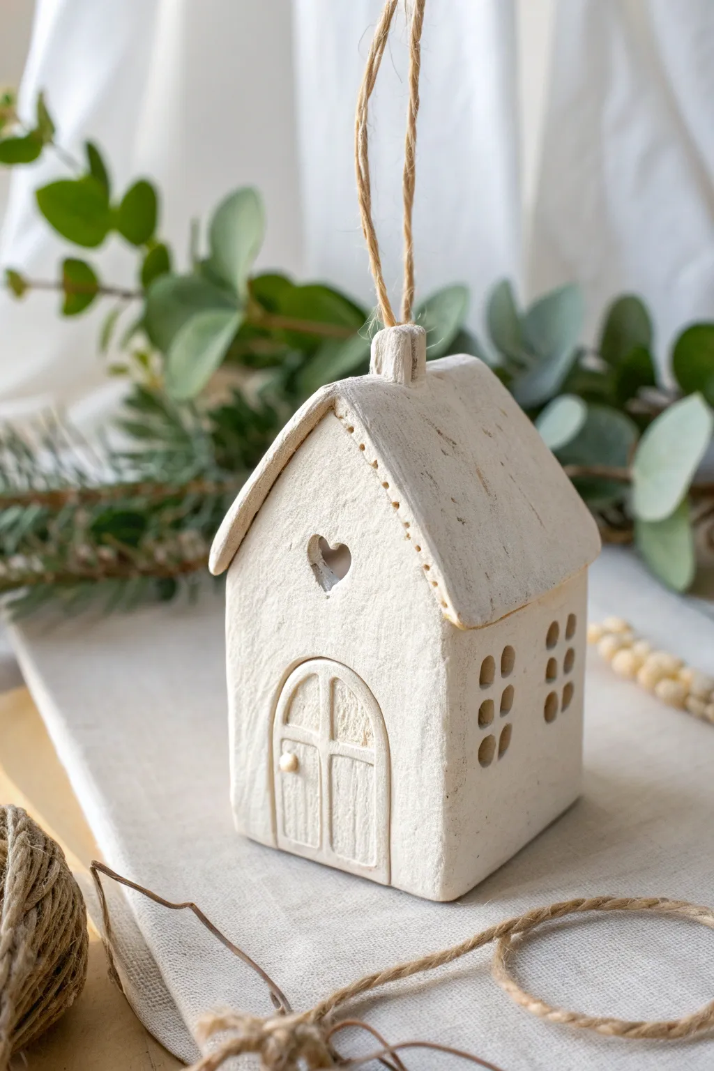 Tiny rounded clay cottage ornament with a sweet heart door, minimalist and boho warm.