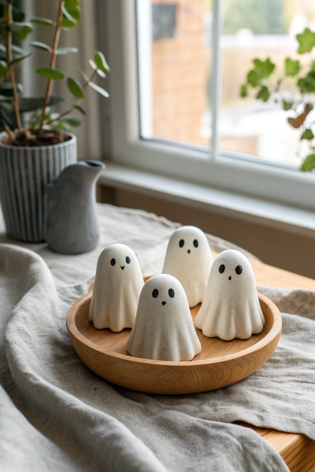 Three tiny matte white ghost buddies with sweet expressions, a minimalist cute clay idea.