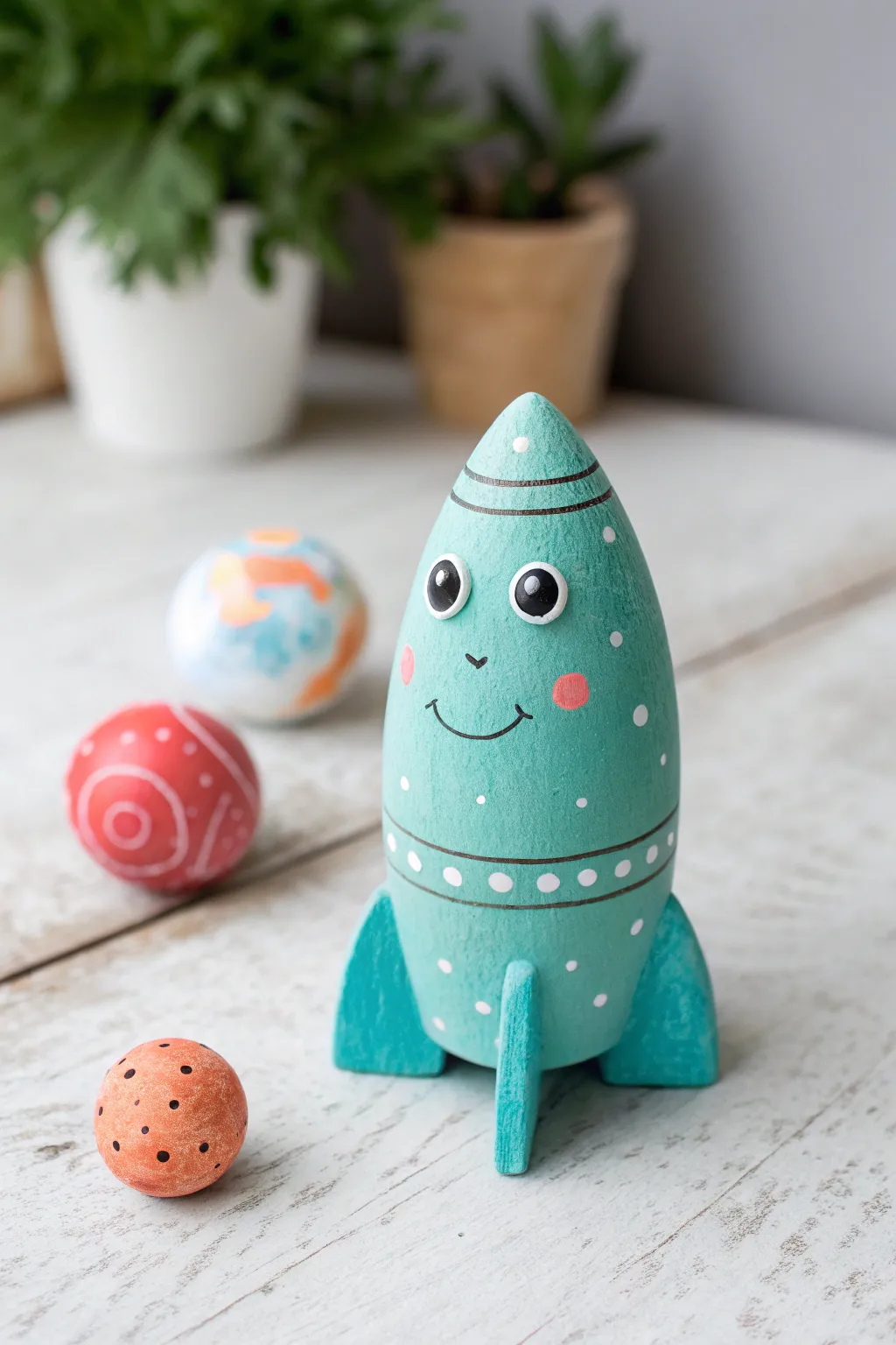 Adorable clay rocket with tiny planet charms, a simple space craft kids can make and love.