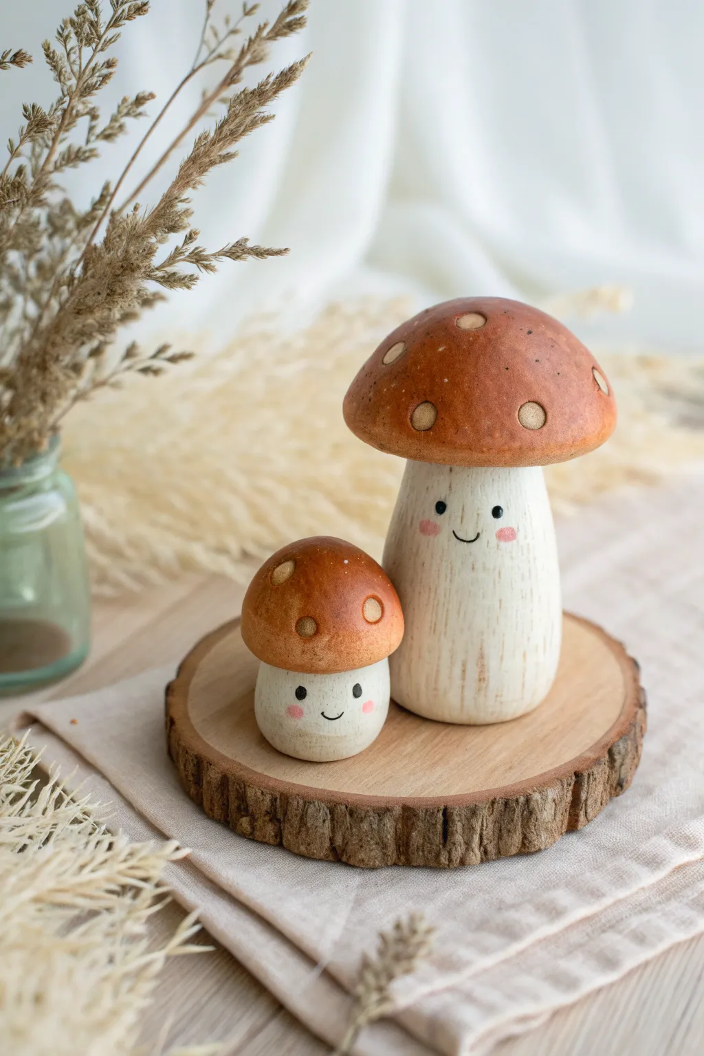 Tiny mushroom buddies in smooth polymer clay, minimalist Nordic styling with a cozy boho touch