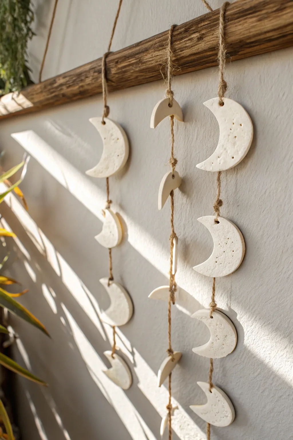 Minimal dry clay moon phase wall hanging for a cozy Scandinavian boho nook at home.